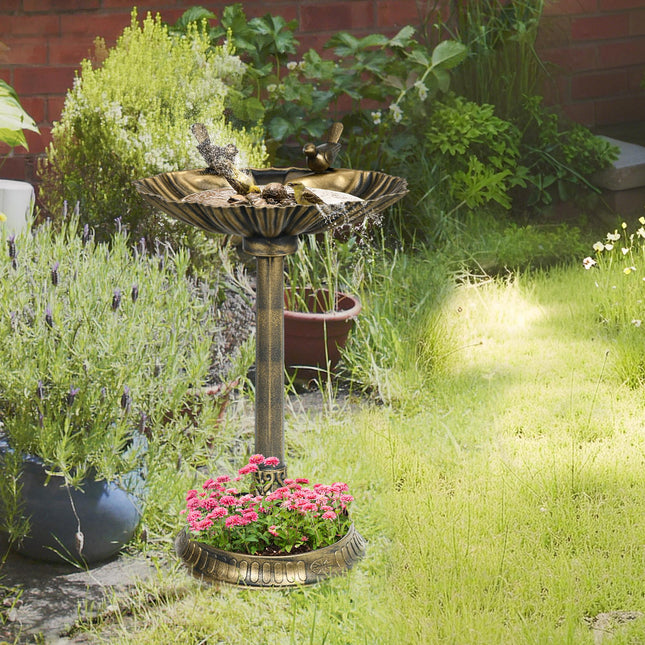 81cm Vintage Style Bird Bath with 2 Decorative Birds & Flower Planter Base - Bronze Tone