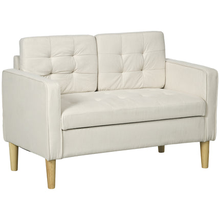 Modern 2-Seater Loveseat Sofa with Hidden Storage, Tufted Cotton Upholstery, Wood Legs - Cream White