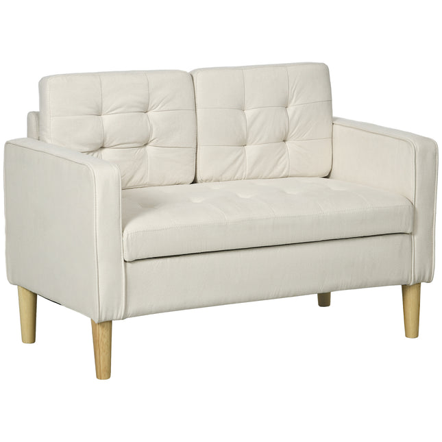 Modern 2-Seater Loveseat Sofa with Hidden Storage, Tufted Cotton Upholstery, Wood Legs - Cream White