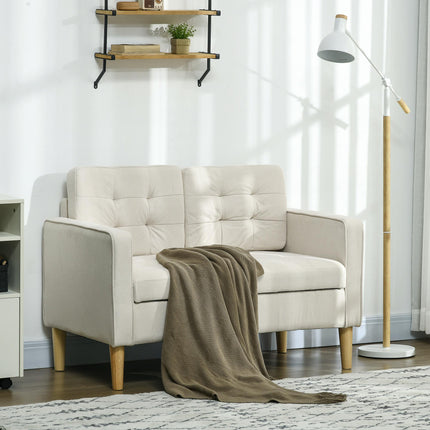 Modern 2-Seater Loveseat Sofa with Hidden Storage, Tufted Cotton Upholstery, Wood Legs - Cream White