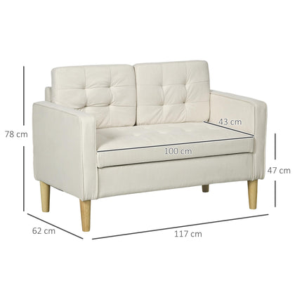 Modern 2-Seater Loveseat Sofa with Hidden Storage, Tufted Cotton Upholstery, Wood Legs - Cream White