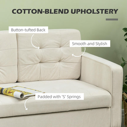 Modern 2-Seater Loveseat Sofa with Hidden Storage, Tufted Cotton Upholstery, Wood Legs - Cream White