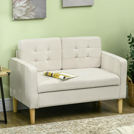 Modern 2-Seater Loveseat Sofa with Hidden Storage, Tufted Cotton Upholstery, Wood Legs - Cream White