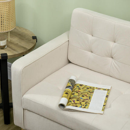 Modern 2-Seater Loveseat Sofa with Hidden Storage, Tufted Cotton Upholstery, Wood Legs - Cream White