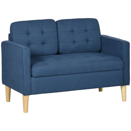 Modern 2-Seater Loveseat Sofa with Hidden Storage, Tufted Cotton Upholstery, Wood Legs - Blue
