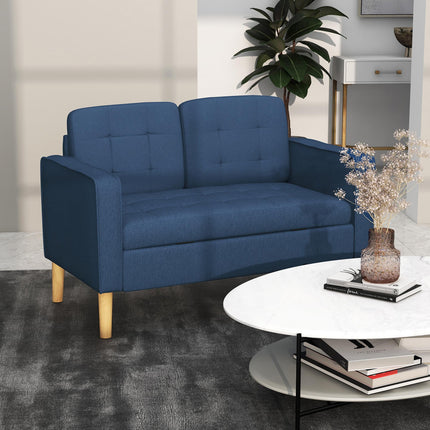 Modern 2-Seater Loveseat Sofa with Hidden Storage, Tufted Cotton Upholstery, Wood Legs - Blue