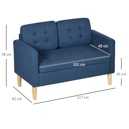 Modern 2-Seater Loveseat Sofa with Hidden Storage, Tufted Cotton Upholstery, Wood Legs - Blue