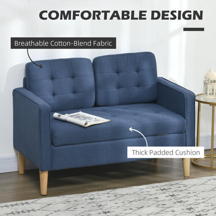 Modern 2-Seater Loveseat Sofa with Hidden Storage, Tufted Cotton Upholstery, Wood Legs - Blue