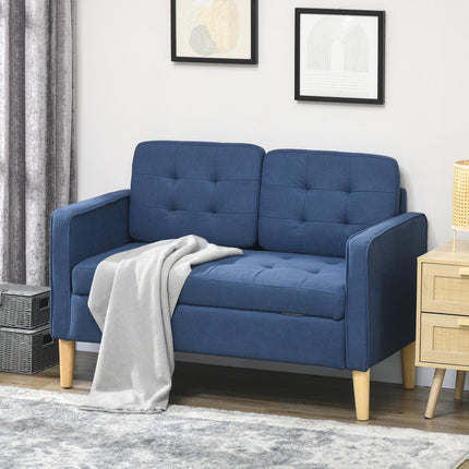 Modern 2-Seater Loveseat Sofa with Hidden Storage, Tufted Cotton Upholstery, Wood Legs - Blue