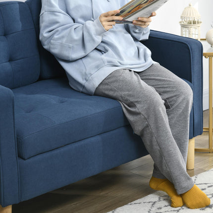 Modern 2-Seater Loveseat Sofa with Hidden Storage, Tufted Cotton Upholstery, Wood Legs - Blue