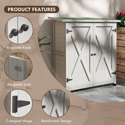 Wooden Garden Storage Shed with Double Doors and Shelves - Light Grey