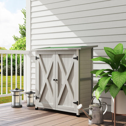 Wooden Garden Storage Shed with Double Doors and Shelves - Light Grey