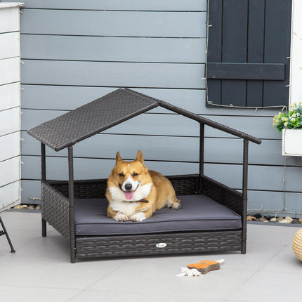 Elevated Rattan Dog House with Canopy and Removable Cushion for Small & Medium Dogs 98x69x73cm - Grey