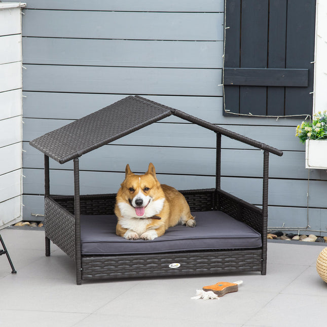Elevated Rattan Dog House with Canopy and Removable Cushion for Small & Medium Dogs 98x69x73cm - Grey