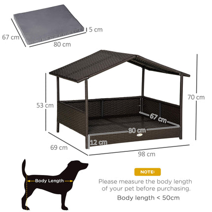 Elevated Rattan Dog House with Canopy and Removable Cushion for Small & Medium Dogs 98x69x73cm - Grey