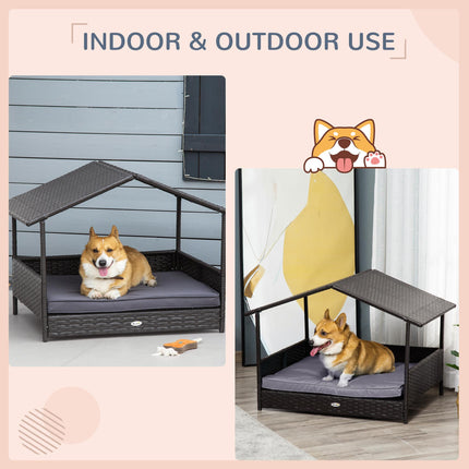 Elevated Rattan Dog House with Canopy and Removable Cushion for Small & Medium Dogs 98x69x73cm - Grey