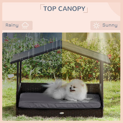 Elevated Rattan Dog House with Canopy and Removable Cushion for Small & Medium Dogs 98x69x73cm - Grey