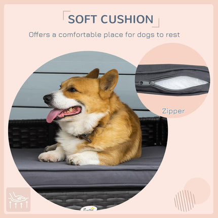 Elevated Rattan Dog House with Canopy and Removable Cushion for Small & Medium Dogs 98x69x73cm - Grey