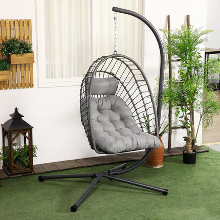 Foldable PE Rattan Outdoor Swing Chair with Padded Cushion - Beige
