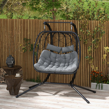 2 Seater Outdoor PE Rattan Swing Chair with Padded Cushion - Black