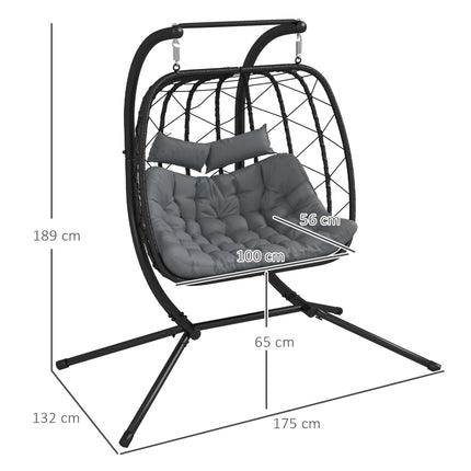 2 Seater Outdoor PE Rattan Swing Chair with Padded Cushion - Black