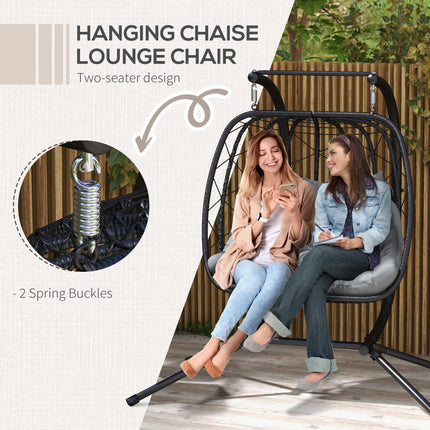 2 Seater Outdoor PE Rattan Swing Chair with Padded Cushion - Black