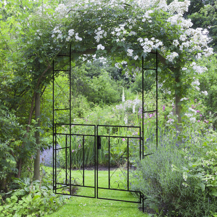 Decorative Garden Arch with Gate Set Powder Coated Steel - Black