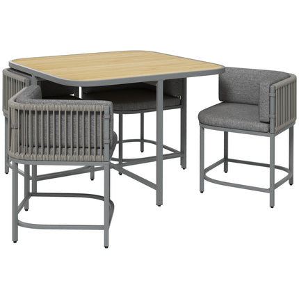 5-Piece PE Rattan Dining Set with Cushions and Stone Composite Table Top - Grey