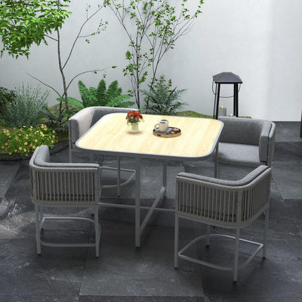 5-Piece PE Rattan Dining Set with Cushions and Stone Composite Table Top - Grey