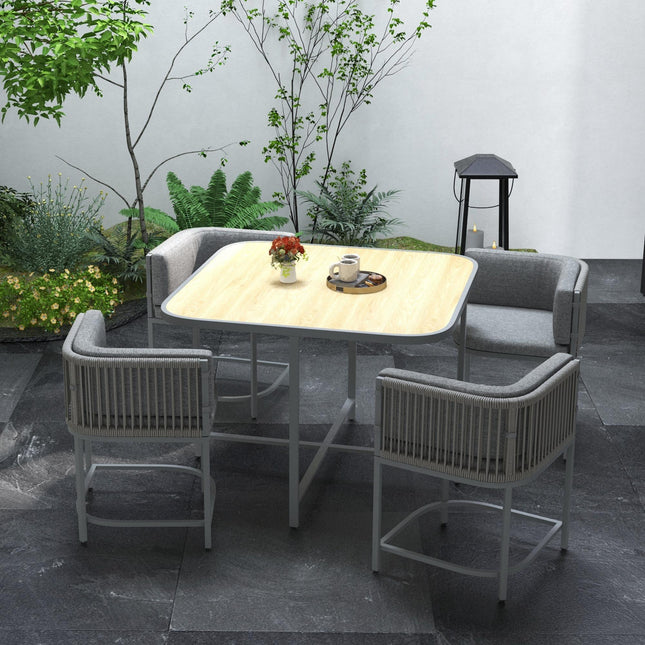 5-Piece PE Rattan Dining Set with Cushions and Stone Composite Table Top - Grey