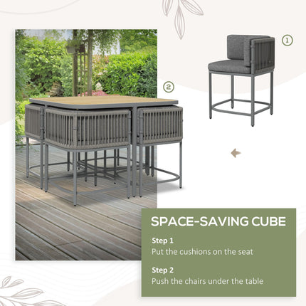 5-Piece PE Rattan Dining Set with Cushions and Stone Composite Table Top - Grey