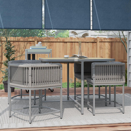 5-Piece PE Rattan Dining Set with Cushions and Stone Composite Table Top - Grey
