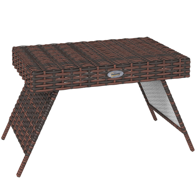 Foldable Oblong Rattan Outdoor Side Table with Steel Frame - Brown
