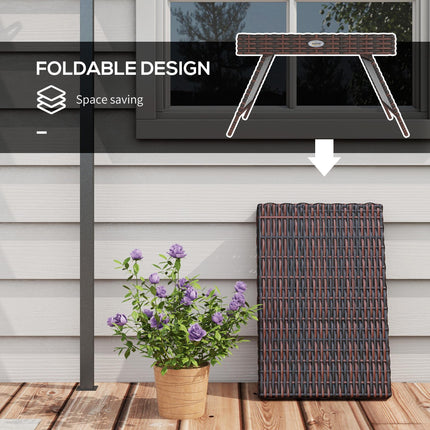 Foldable Oblong Rattan Outdoor Side Table with Steel Frame - Brown