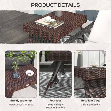 Foldable Oblong Rattan Outdoor Side Table with Steel Frame - Brown