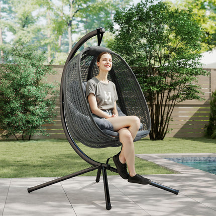 Outdoor Swing Chair with Thick Padded Cushion and Metal Stand - Dark Grey