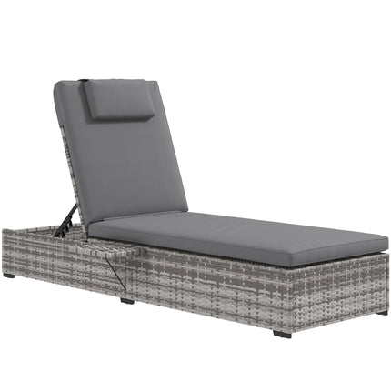 Patio PE Rattan Sun Lounger with 5-Level Reclining and Cushion, Tea Tray, 120kg Capacity - Grey