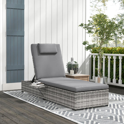 Patio PE Rattan Sun Lounger with 5-Level Reclining and Cushion, Tea Tray, 120kg Capacity - Grey