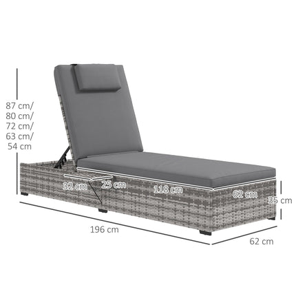 Patio PE Rattan Sun Lounger with 5-Level Reclining and Cushion, Tea Tray, 120kg Capacity - Grey