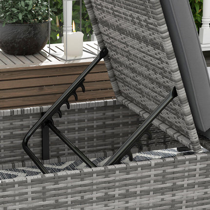 Patio PE Rattan Sun Lounger with 5-Level Reclining and Cushion, Tea Tray, 120kg Capacity - Grey