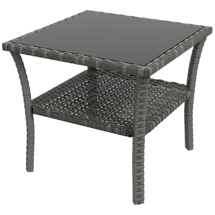 50cm Outdoor PE Rattan Two-Tier Coffee Table with Glass Top - Grey