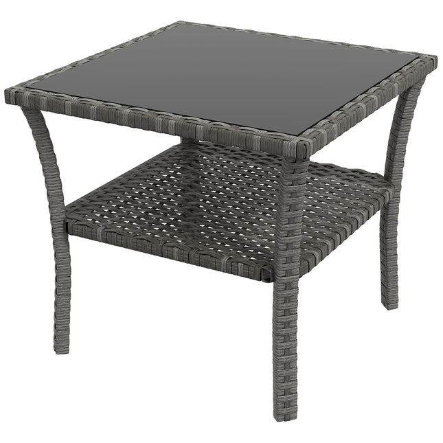 50cm Outdoor PE Rattan Two-Tier Coffee Table with Glass Top - Grey