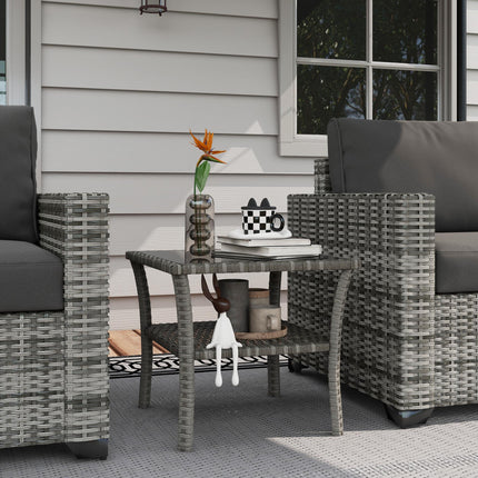 50cm Outdoor PE Rattan Two-Tier Coffee Table with Glass Top - Grey