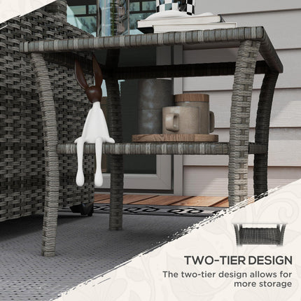 50cm Outdoor PE Rattan Two-Tier Coffee Table with Glass Top - Grey
