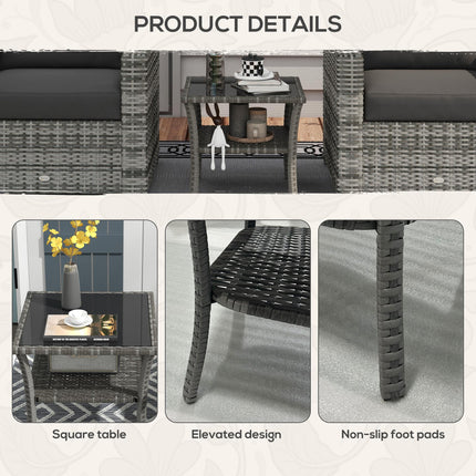50cm Outdoor PE Rattan Two-Tier Coffee Table with Glass Top - Grey