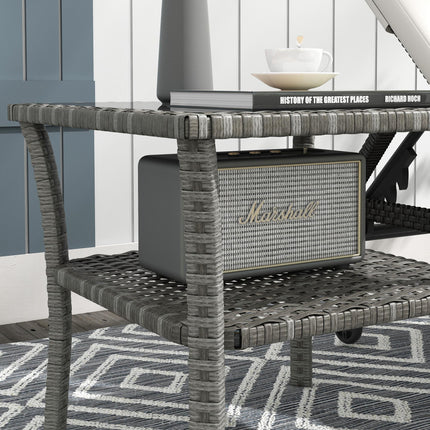50cm Outdoor PE Rattan Two-Tier Coffee Table with Glass Top - Grey