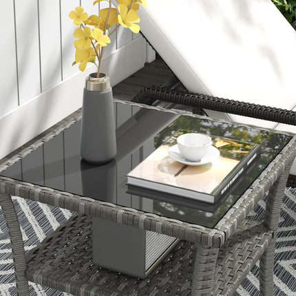 50cm Outdoor PE Rattan Two-Tier Coffee Table with Glass Top - Grey