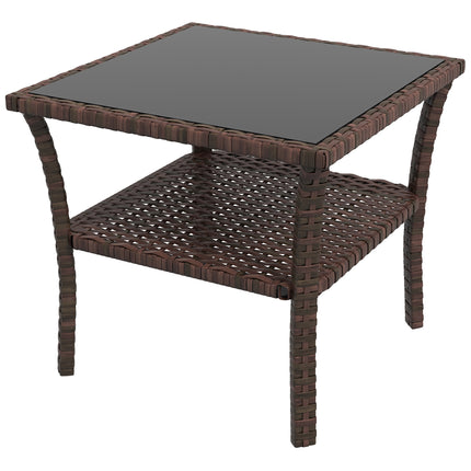 50cm Outdoor PE Rattan Two-Tier Coffee Table with Glass Top - Brown