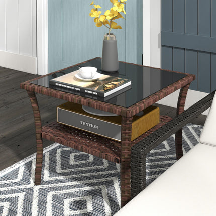 50cm Outdoor PE Rattan Two-Tier Coffee Table with Glass Top - Brown