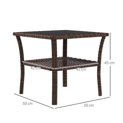 50cm Outdoor PE Rattan Two-Tier Coffee Table with Glass Top - Brown